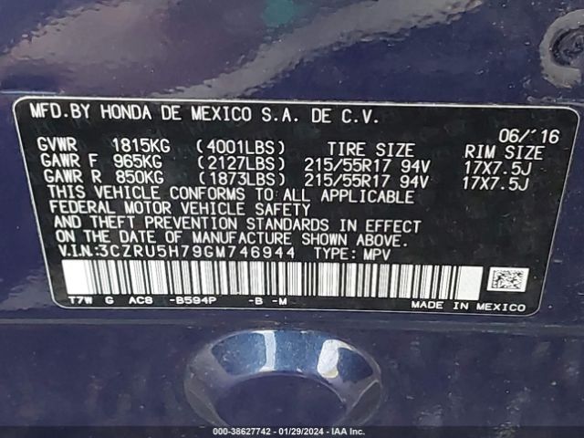 3CZRU5H79GM746944 Honda Hr-v Ex-l