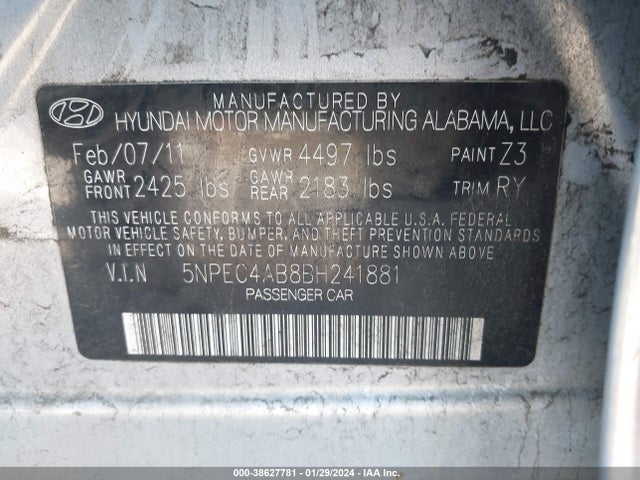2011 HYUNDAI SONATA SE 2.0T VIN: 5NPEC4AB8BH241881