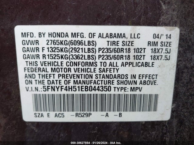 Honda PILOT EXL 2014 5FNYF4H51EB044350 Image 9