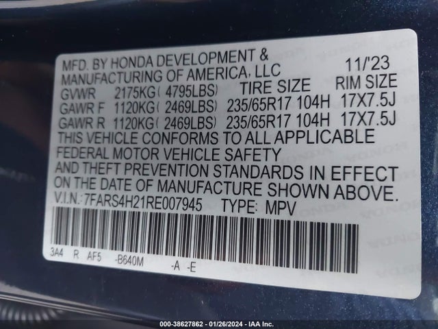 Honda Cr-v Lx Awd 2024 7FARS4H21RE007945 Image 9