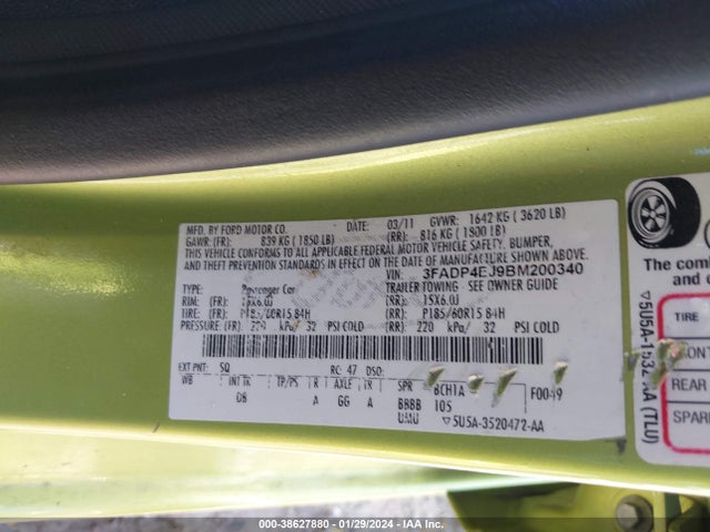 2011 FORD FIESTA SE VIN: 3FADP4EJ9BM200340