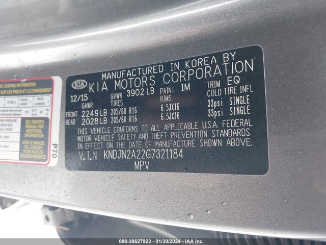 Aukcja sprzedaży 2016 Kia Soul, vin: KNDJN2A22G7321184, numer aukcji: 38627923