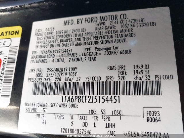1FA6P8CF2J5154451 Ford Mustang Gt Premium