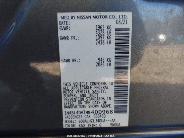 1N4BL4DV3MN400968 Nissan Altima Sv Fwd