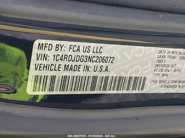 1C4RDJDG3NC206072 Dodge Durango Gt Plus Awd