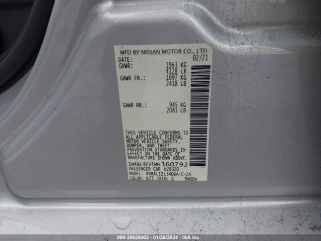 1N4BL4EV1MN360792 Nissan Altima Sl Fwd