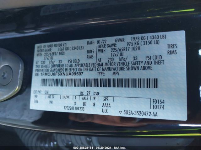 1FMCU0F6XNUA09507 Ford ESCAPE S