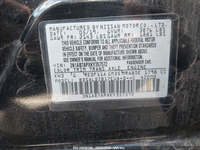 2019 NISSAN SENTRA SV VIN: 3N1AB7APXKY357572