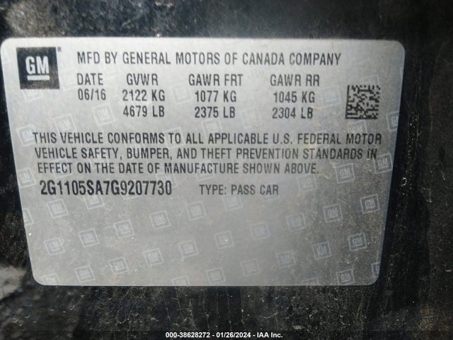 Chevrolet IMPALA 1LT 2016 2G1105SA7G9207730 Image 9