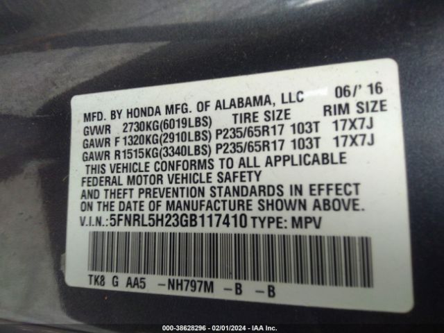 5FNRL5H23GB117410 Honda ODYSSEY LX