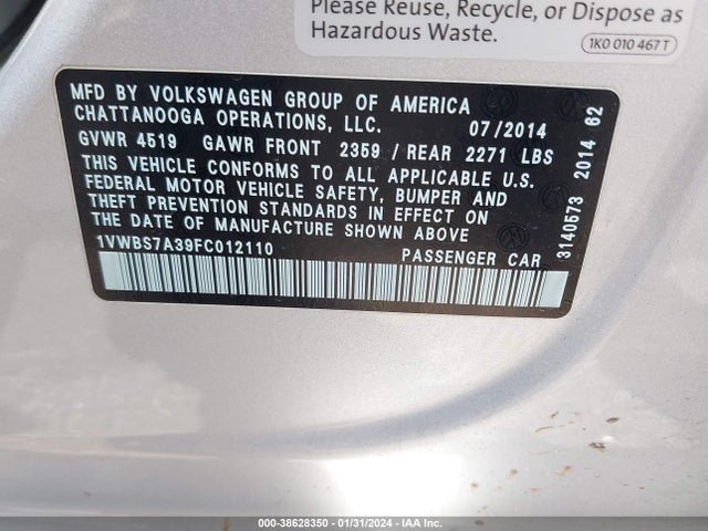 1VWBS7A39FC012110 Volkswagen Passat 1.8t Se