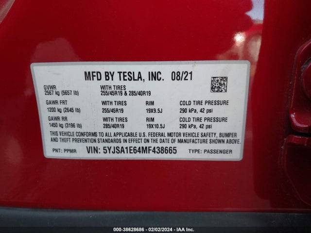 Tesla Model S Plaid Tri Motor All-wheel Drive 2021 5YJSA1E64MF438665 Image 9