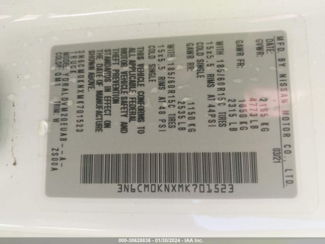 3N6CM0KNXMK701523 Nissan Nv200 Compact Cargo S Xtronic Cvt