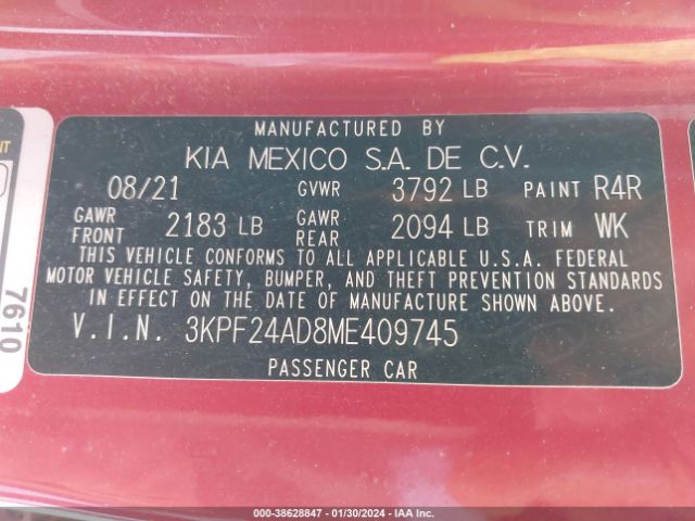 3KPF24AD8ME409745 KIA Forte Lxs