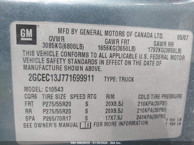 2007 CHEVROLET SILVERADO 1500 LT1 VIN: 2GCEC13J771699911