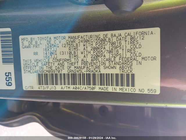 2012 TOYOTA TACOMA BASE V6 VIN: 3TMLU4EN9CM099707