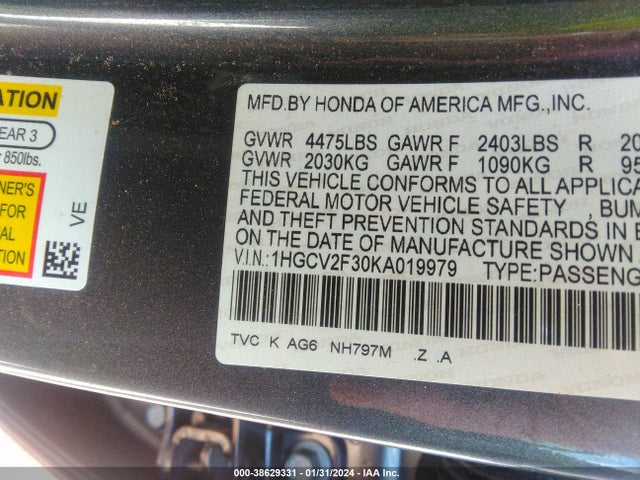 2019 HONDA ACCORD SPORT 2.0T VIN: 1HGCV2F30KA019979