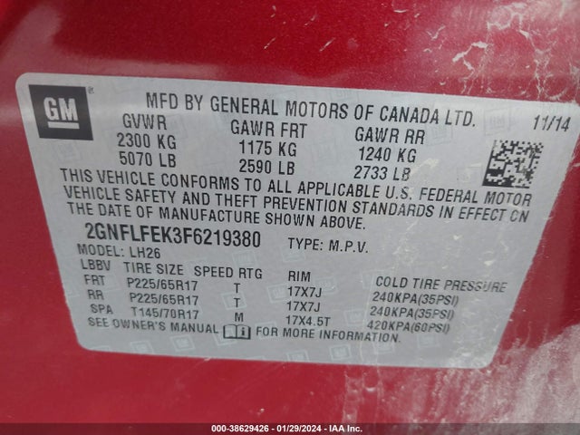 Chevrolet EQUINOX 1LT 2015 2GNFLFEK3F6219380 Image 9