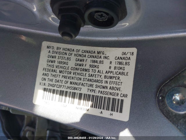 Honda CIVIC EX 2018 2HGFC2F71JH558472 Image 9
