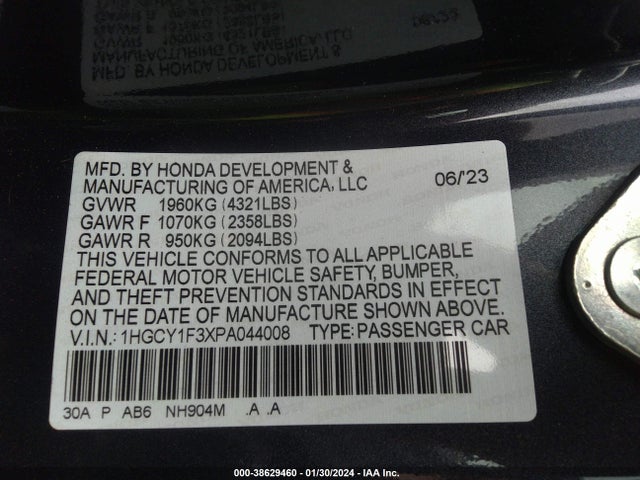Honda ACCORD EX 2023 1HGCY1F3XPA044008 Image 9