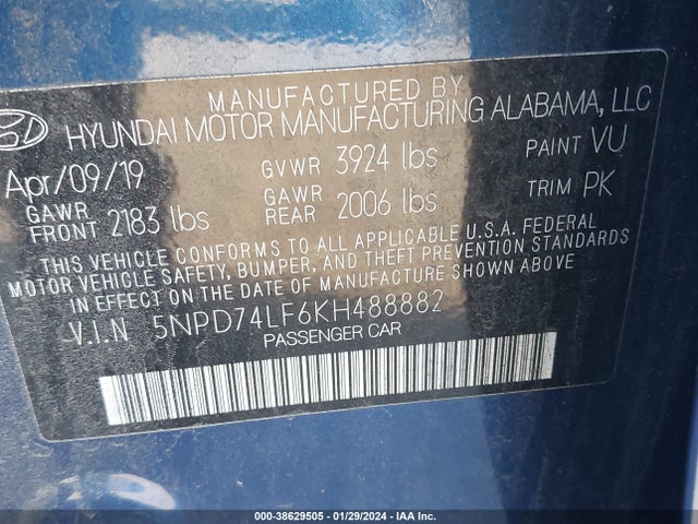 2019 HYUNDAI ELANTRA SE VIN: 5NPD74LF6KH488882