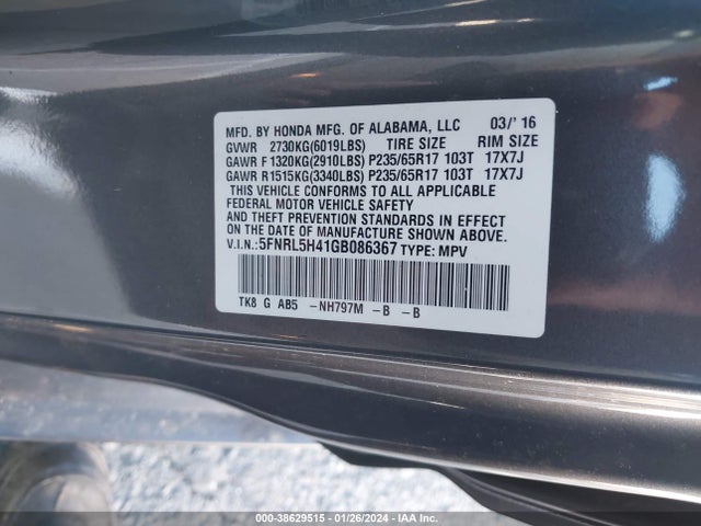 Honda ODYSSEY EX 2016 5FNRL5H41GB086367 Image 9