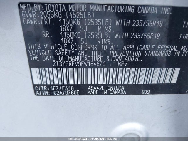 2015 TOYOTA RAV4 LIMITED VIN: 2T3YFREV9FW164670