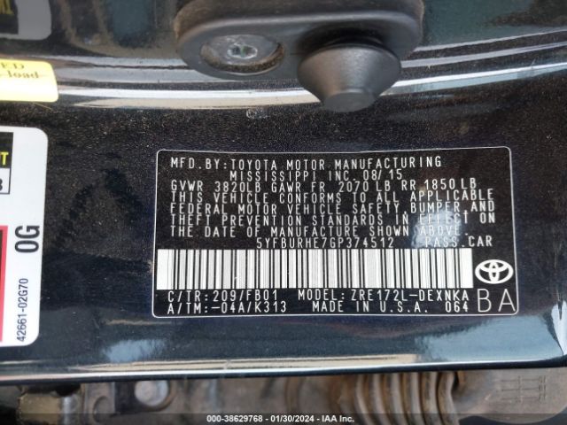 5YFBURHE7GP374512 Toyota Corolla Le Plus