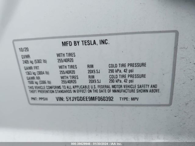 5YJYGDEE9MF060392 Tesla Model Y Long Range Dual Motor All-wheel Drive