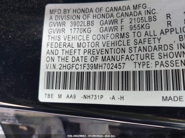 Honda CIVIC EX 2021 2HGFC1F39MH702457 Image 9