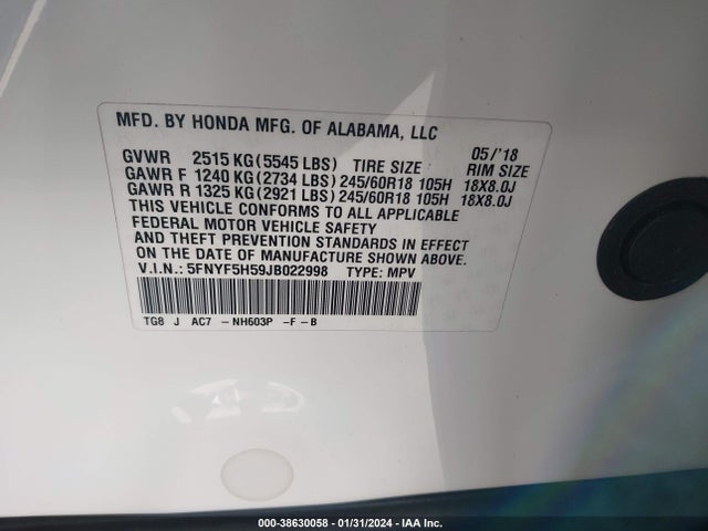 Honda Pilot Ex-l 2018 5FNYF5H59JB022998 Image 9