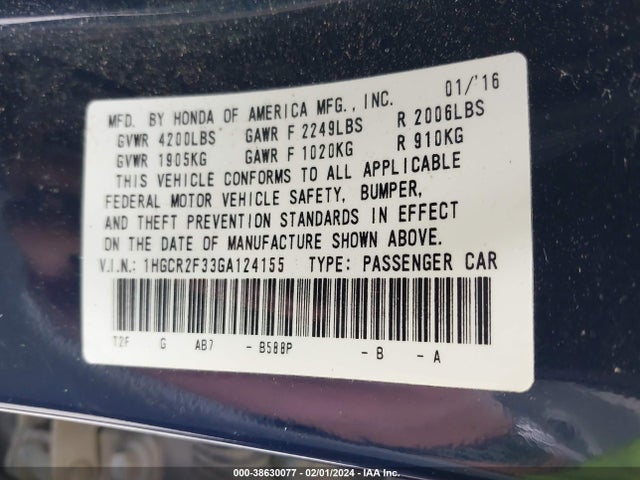 Honda ACCORD LX 2016 1HGCR2F33GA124155 Image 9