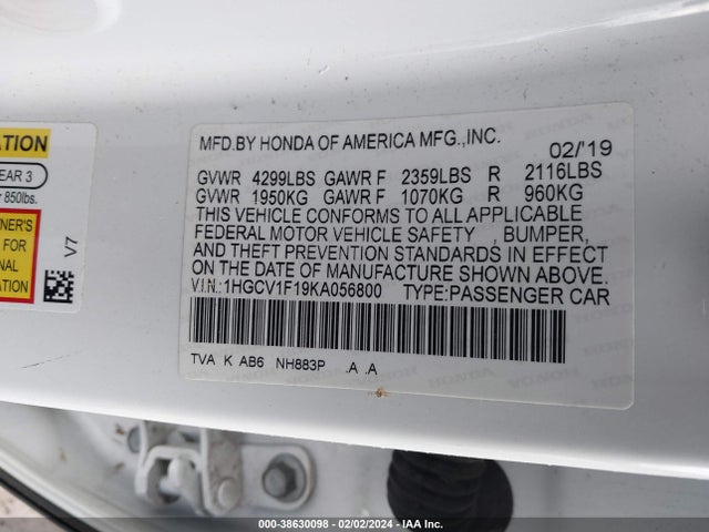 Honda ACCORD LX 2019 1HGCV1F19KA056800 Image 9
