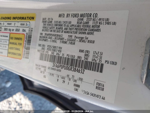 2016 FORD FUSION ENERGI SE LUXURY VIN: 3FA6P0PU0GR384652