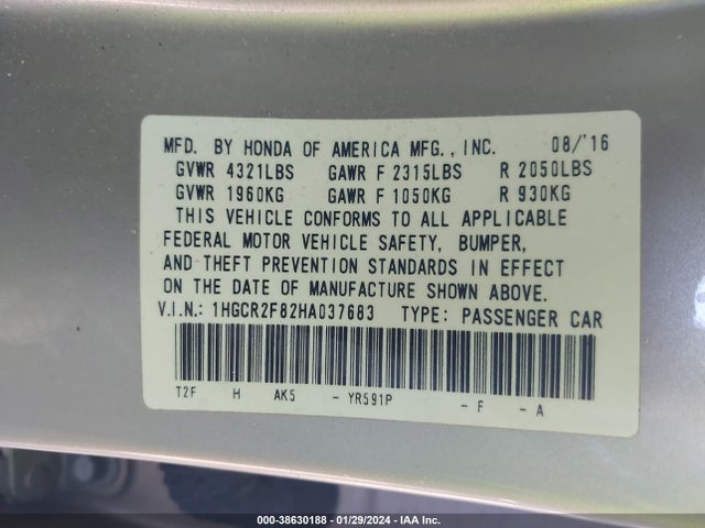 Honda Accord Ex-l 2017 1HGCR2F82HA037683 Image 9