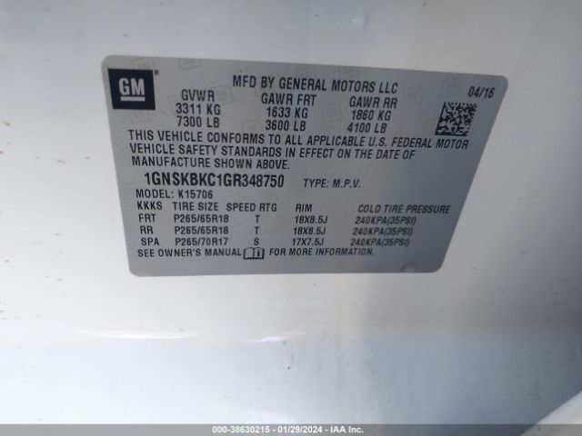 1GNSKBKC1GR348750 Chevrolet Tahoe Lt