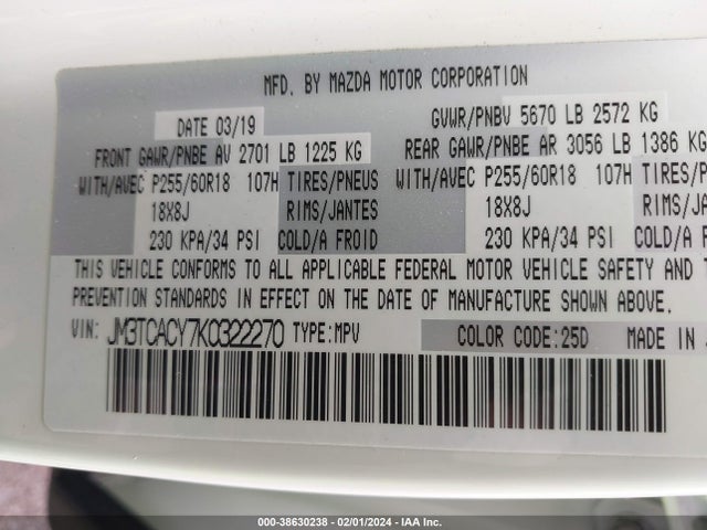 Mazda Cx-9 Touring 2019 JM3TCACY7K0322270 Image 9