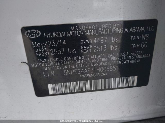 5NPE24AF3FH006851 Hyundai SONATA SE