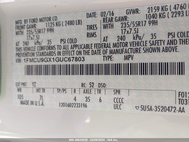 Ford ESCAPE SE 2016 1FMCU9GX1GUC67803 Image 9
