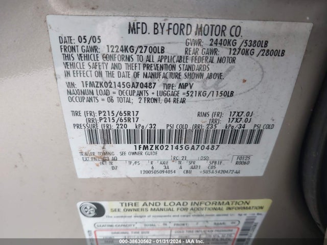 2005 FORD FREESTYLE SEL VIN: 1FMZK02145GA70487