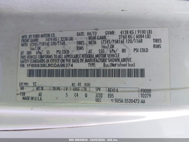 2012 FORD E-350 SUPER DUTY XL VIN: 1FBSS3BL6CDA96374