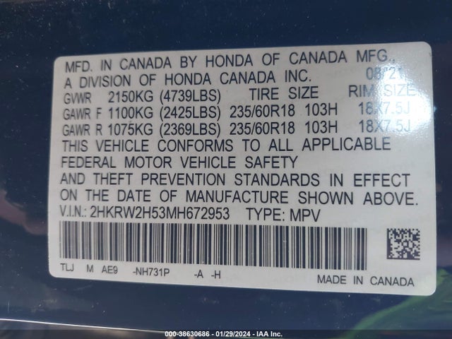 Honda Cr-v Awd Ex 2021 2HKRW2H53MH672953 Image 9