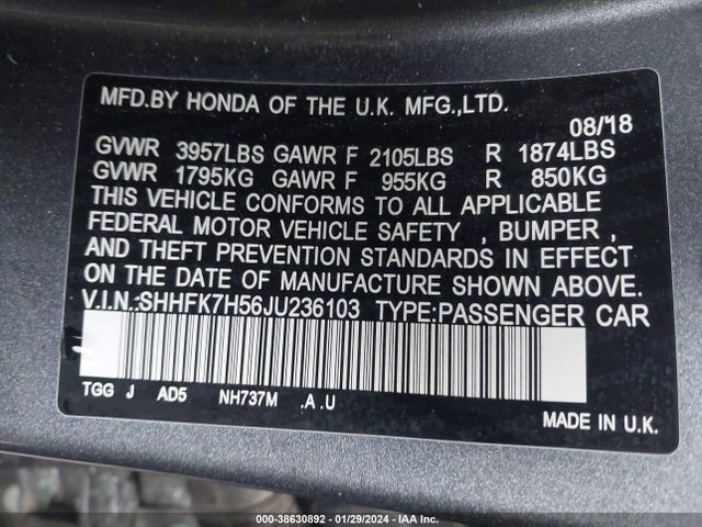 Honda CIVIC EX 2018 SHHFK7H56JU236103 Image 9