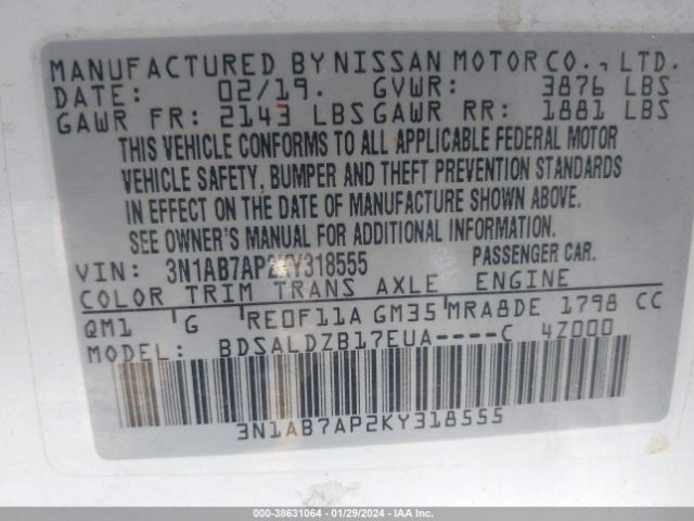 3N1AB7AP2KY318555 Nissan SENTRA SV