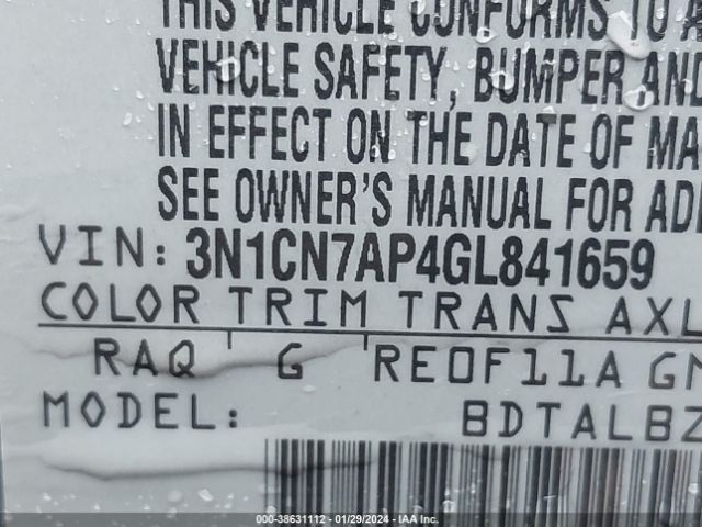 3N1CN7AP4GL841659 Nissan Versa 1.6 Sv