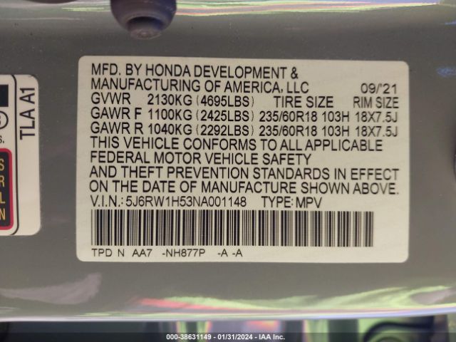 5J6RW1H53NA001148 Honda Cr-v 2wd Ex