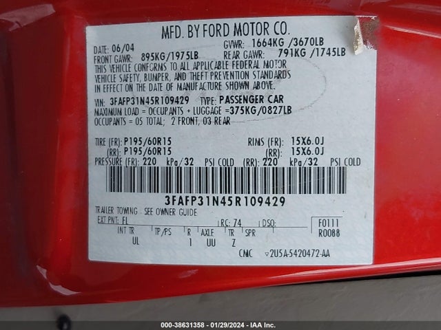 2005 FORD FOCUS ZX3 VIN: 3FAFP31N45R109429