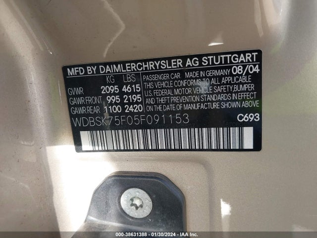 2005 MERCEDES-BENZ SL 500 VIN: WDBSK75F05F091153