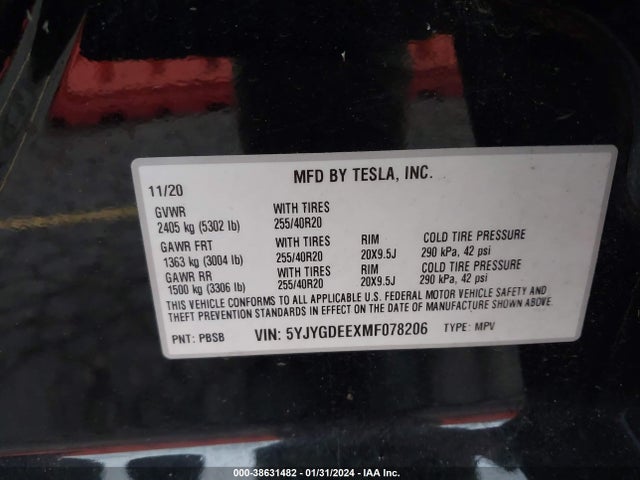 5YJYGDEEXMF078206 Tesla Model Y