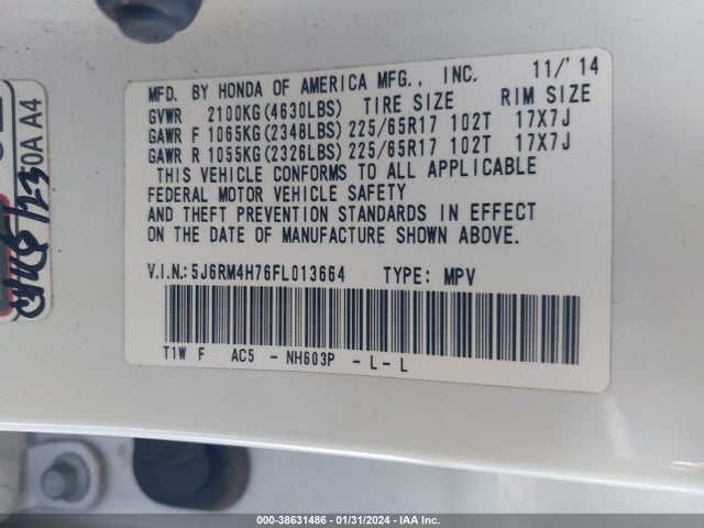 Honda Cr-v Ex-l 2015 5J6RM4H76FL013664 Image 9
